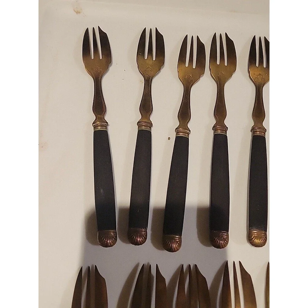 RARE Set Of 12 Antique Pie Forks Leduc Paris France Goldtone Black Victorian Lot